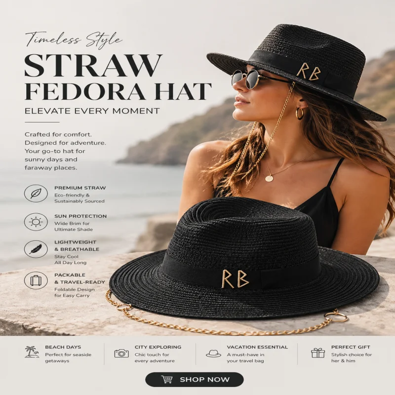 Hot Sale Cross-Border Chain Straw Hat, High Quality Ribbon Letter Design Fedora, Outdoor Dent Crown Beach Sun Cap