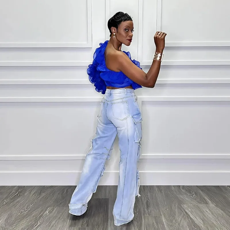 المرأة مثير كشكش قمم طويلة الأكمام عارضة