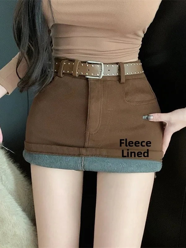 

Ретро-юбка из денима с высокой талией и флисовой подкладкой для женщин, зимняя, облегающая, сексуальная, скрывающая бедра, А-силуэт, юбка-карандаш