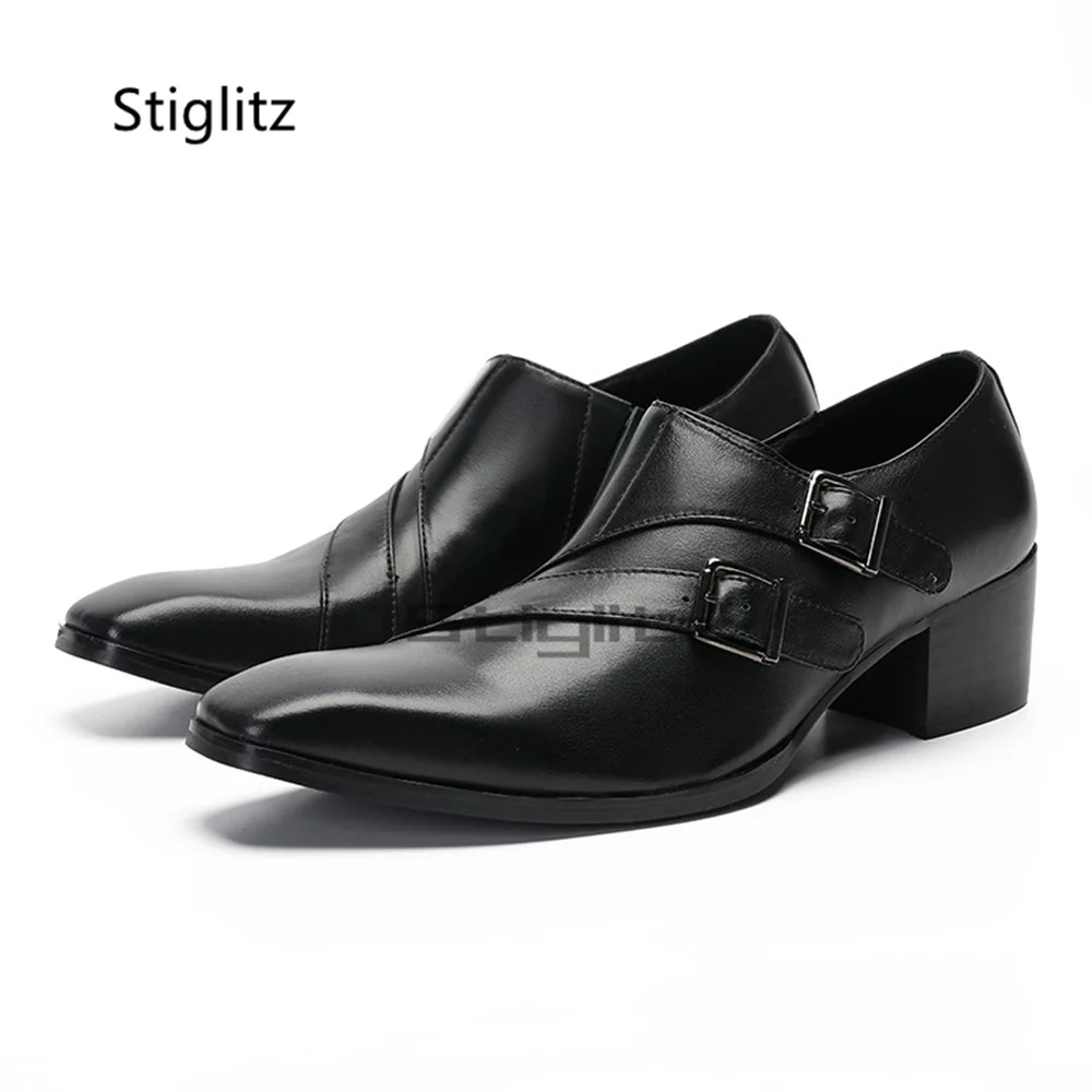 Men's Black Double Buckle Dress Leather Shoes Pointed Toe Block High Heels Real Cowhide Slip On Business Wedding Party Shoes