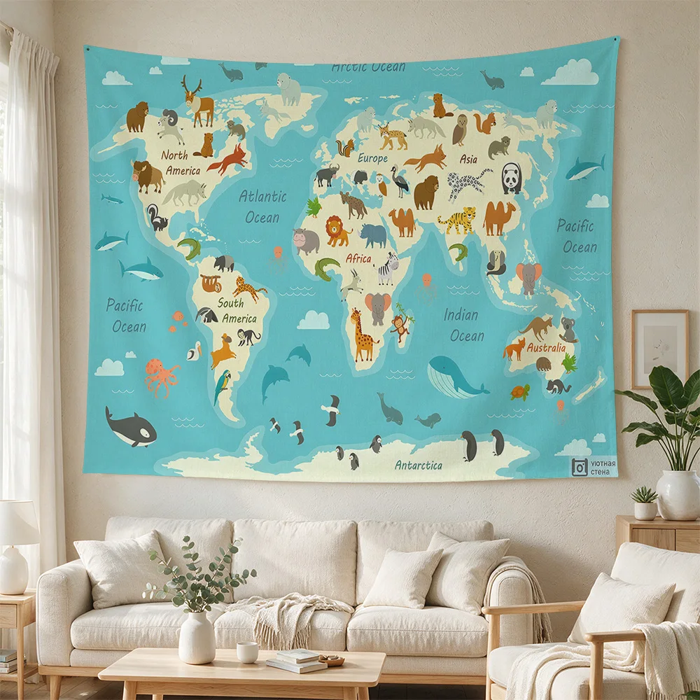 World Map Ocean Life Nursery Wall Hanging Kids Classroom Decor Educational Animal Print Tapestry