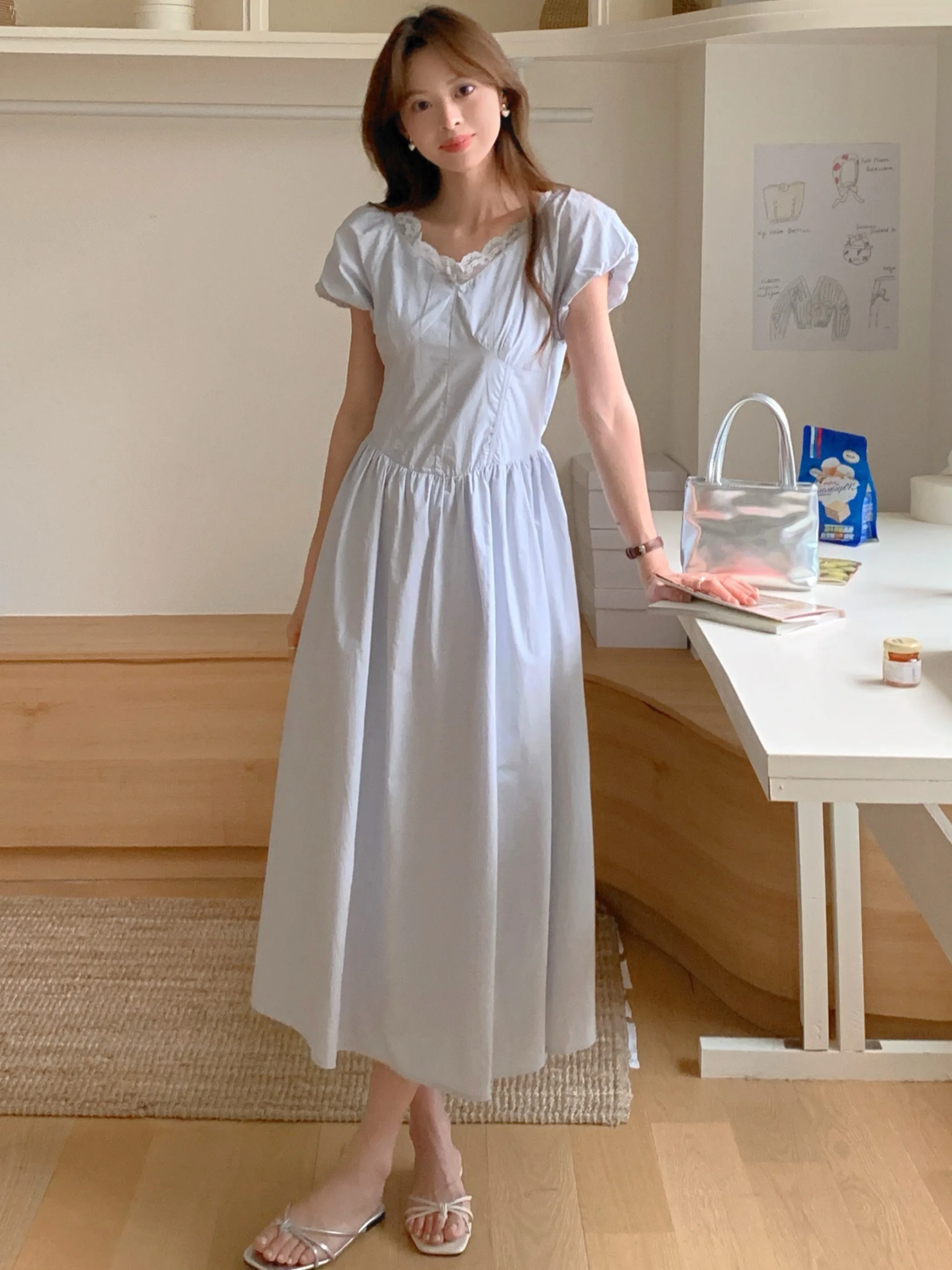 

Ele V-ne Lace Bubble Sve Dr Женская летняя новинка Sle Tea Break Long Dr Soft Gentle Breeze Sle Pure Color Com...