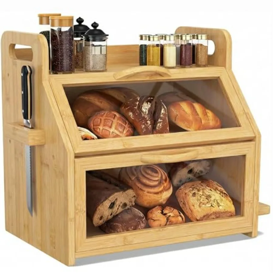 

Extra Large Bread Box Double Layer Bread Box for Homemade Bread Bamboo Wooden Bread Storage Container with Tool Holder and Hand