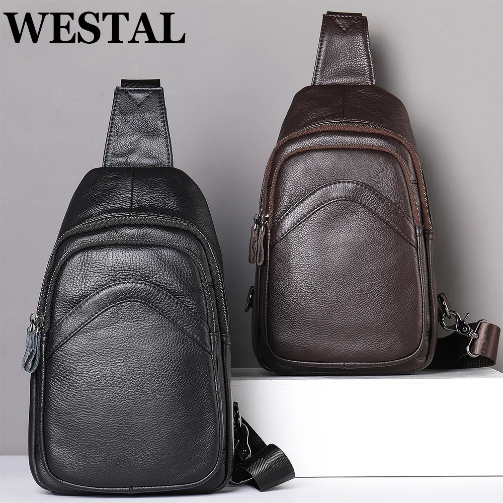 WESTAL Men\'s Chest Bag Genuine Leather Shoulder Messenger Bag Men Sling Bags Travel Day Pack Black Designer Crossbody Pack 9000