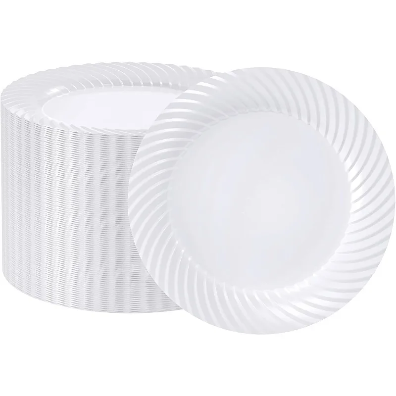 10 Inch White Plastic Plates,100 Count Disposable Heavy Duty Dinner Plates, Premium Hard Plates Fancy for Weddings, Parties