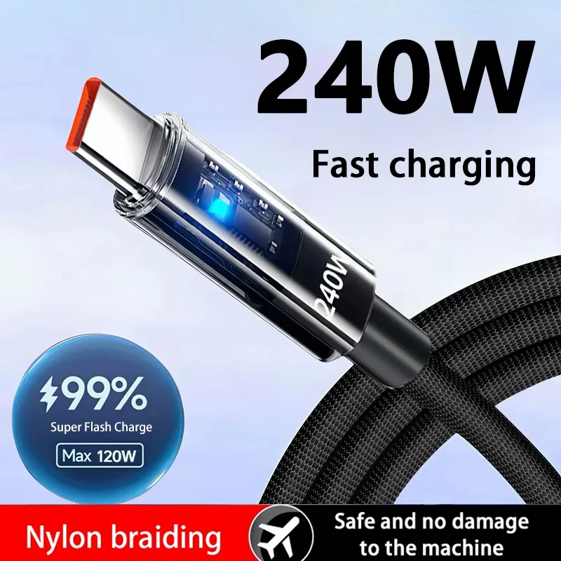 240W Nylon USB Type C Super Fast Charging Cable Honor LED Digital Display USB C Charger Data Cord For Samsung Xiaomi Huawei