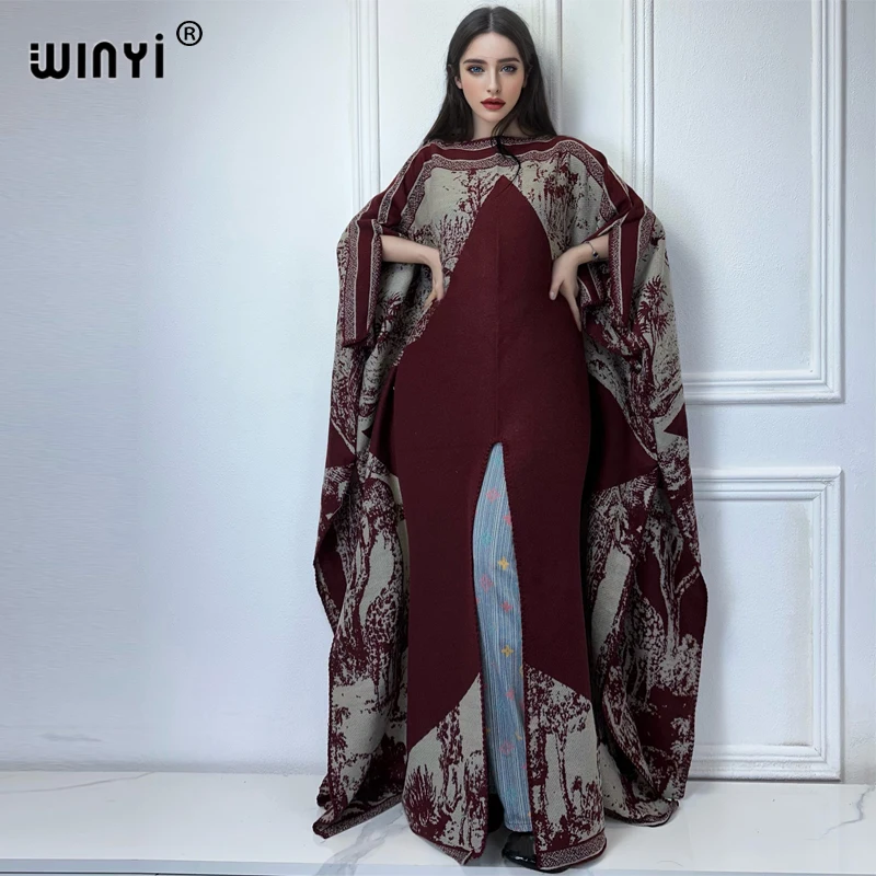 

WINYI Africa winter long cloak holiday kaftan High fork sexy warm dress Elegant robe print Caftan women abaya dubai luxury