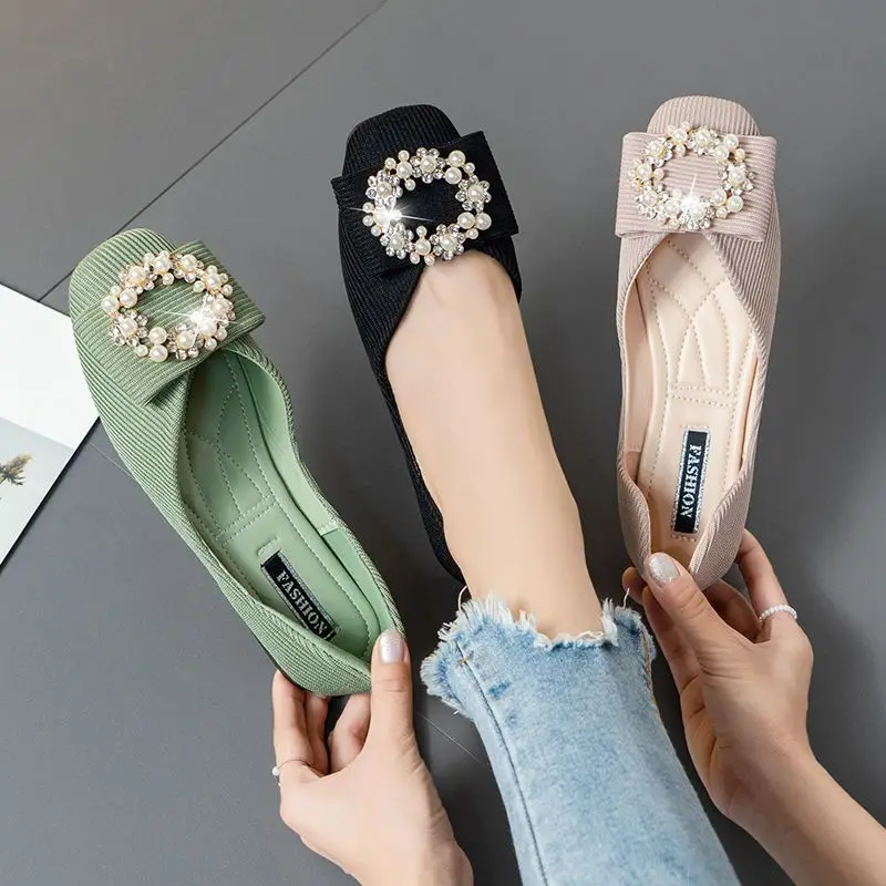 Cute Green Square Toe with Crystals Ladies Summer Footwear Pink Flats Rhinestone Kawaii Black Shoes for Women 2024 Diamond Flat