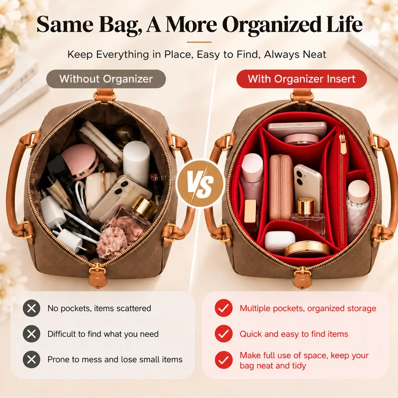 Felt Purse Organizer Insert for Speedy 25 30 35 Neverfull, Multi Pocket Zipper Handbag Liner Tote Bag Shaper Inner Storage Bag