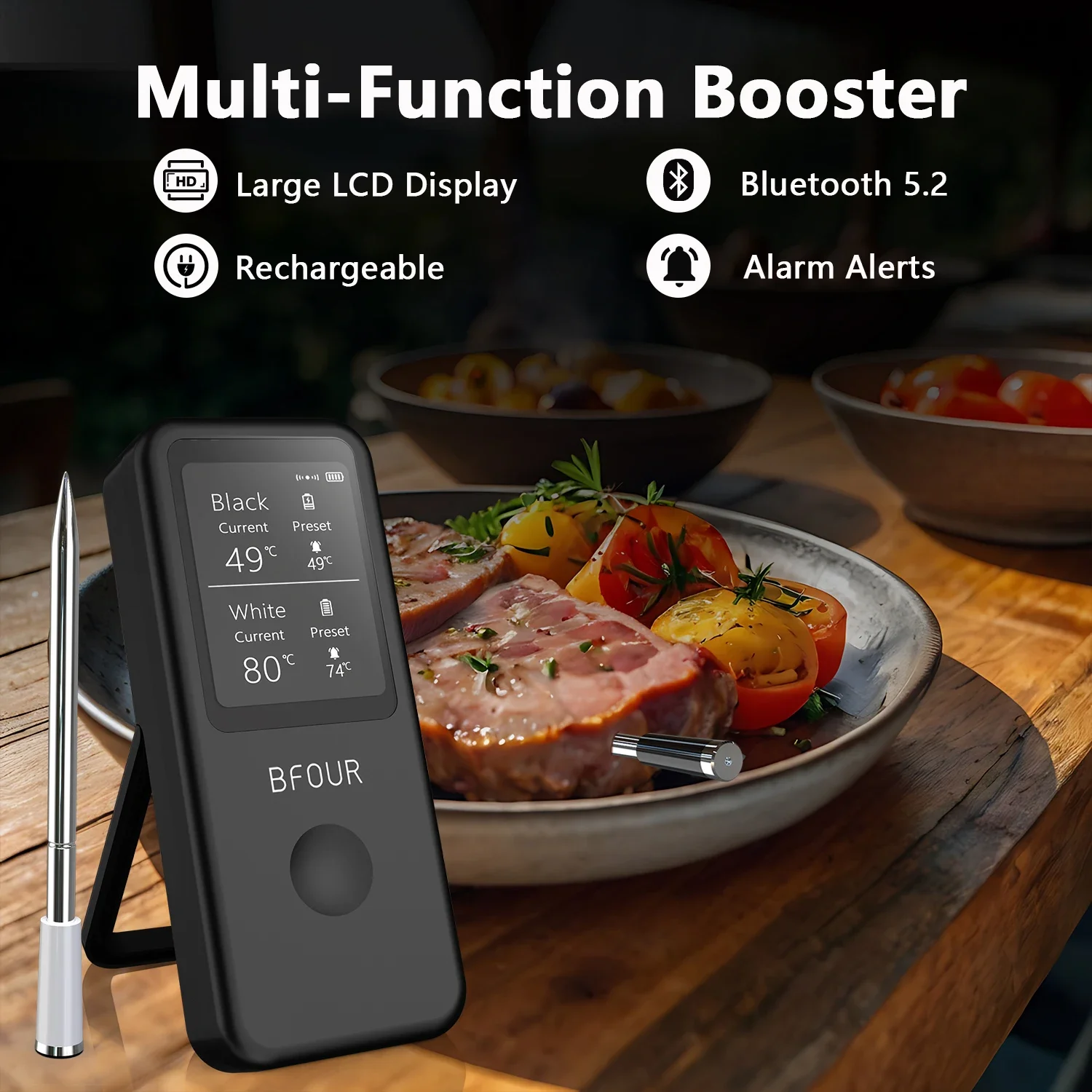 Wireless Meat Thermometer Digital Bluetooth Probes with HD Display & APP Remote Monitoring for Rotisserie Grill BBQ Smoker Steak