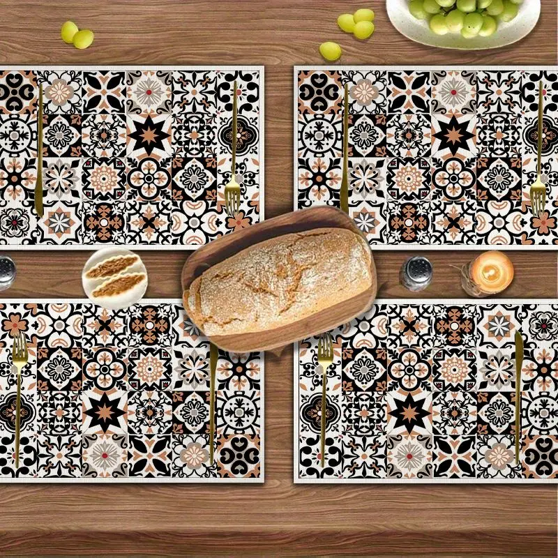4Pcs, American-Style Vintage Floral Tile Placemats, Washable, Suitable for Holiday Parties, Home Decor, Kitchen Countertops, Rectangular Dining Tables, Making Your Dining Room and Kitchen More Beautiful, a Birthday Gift and Housewarming Party Gift for Family and Friends