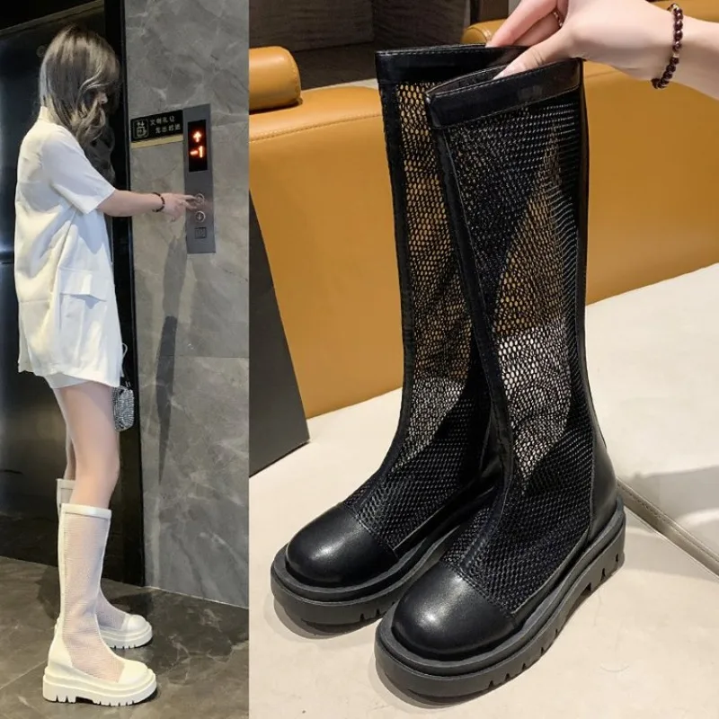 Long Boot Women Thin 2024 Summer New Net Fashion Thick Bottom Hollow Cool Boots with Breathable Mesh Gauze Boots