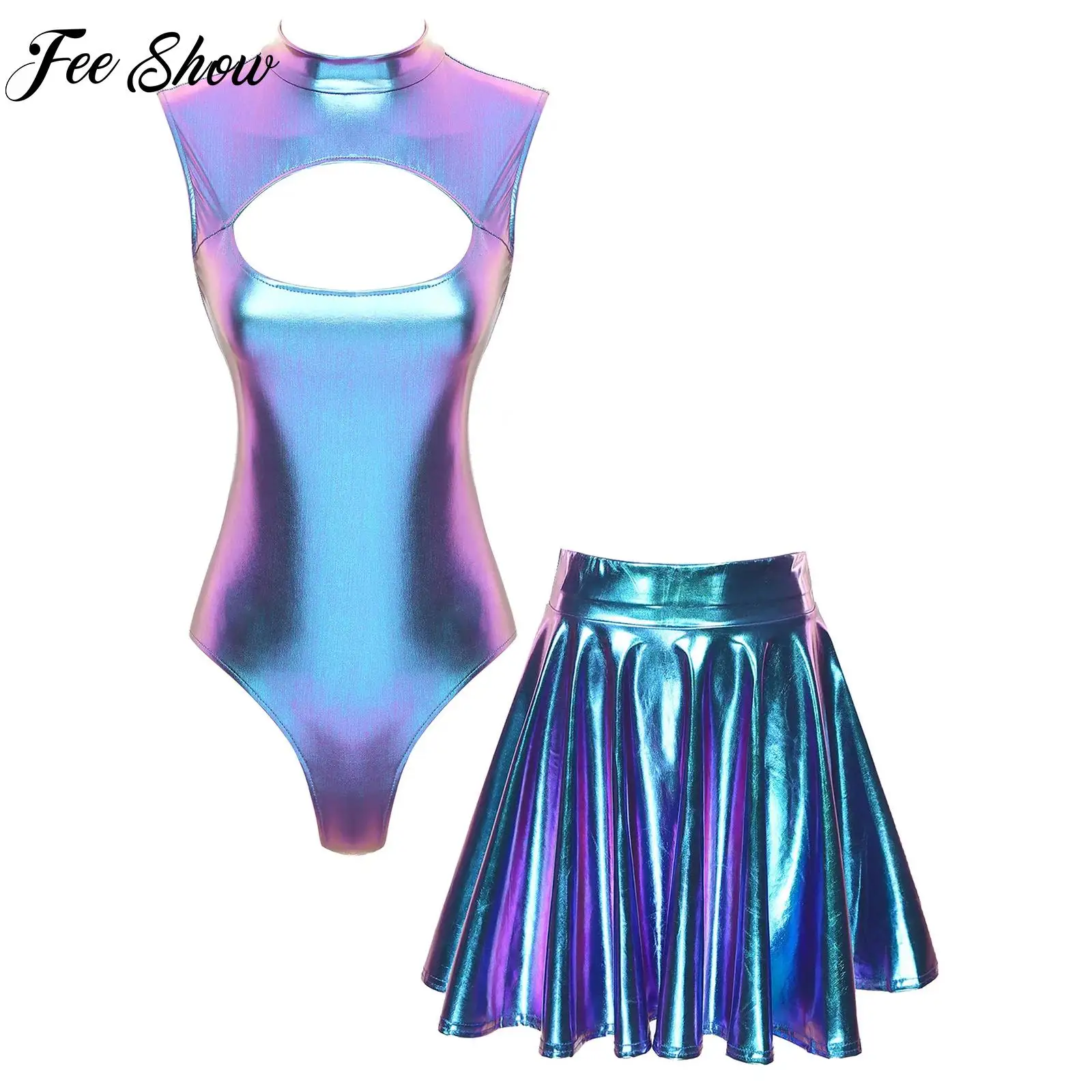 

Womens 2-piece Swimsuit Sportwear Party Nightclub Performance Costume Beach Pool Party Sleeveless Metallic Leotards with Skirts