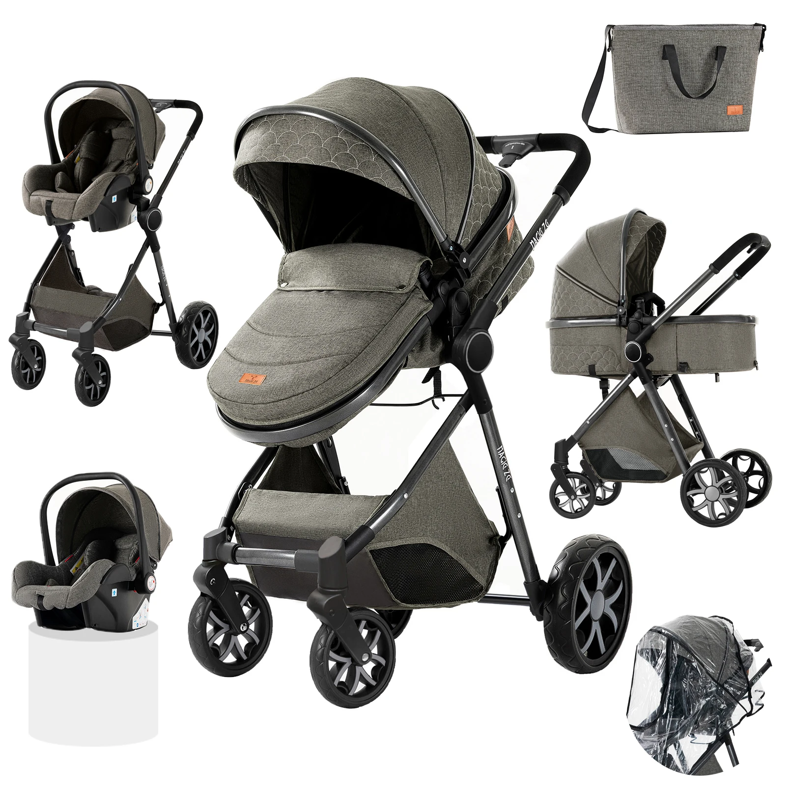 3-in-1 Baby-Kinderwagen-Reisesystem, Kinderwagen mit Autositz, leichter Rahmen, kompakt zusammenklappbar, hohe Sitzposition, stoßdämpfende Räder, umkehrbarer Sitz, mehrfach verstellbare Rückenlehne,
