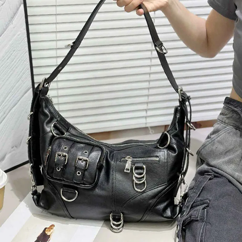 Edgy Vintage Genuine Leather Biker Shoulder Bag Female Convertible Crossbody Bags with Metal Details for Daily Use and Travel