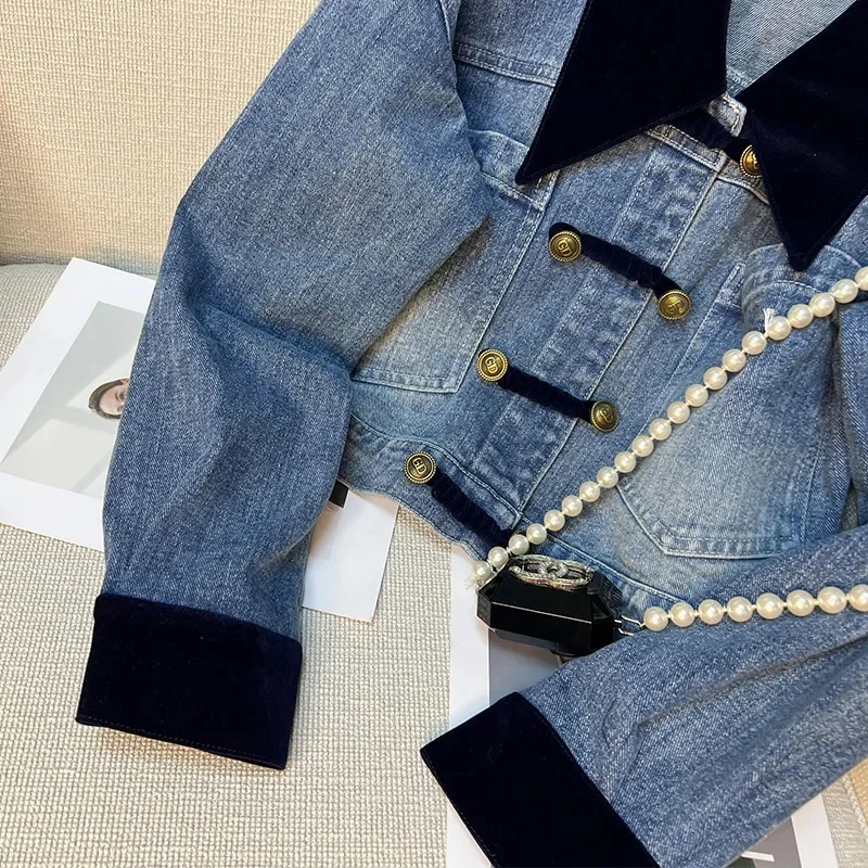 2025 Fashion Ladies Blue Patchwork Colour Denim Short Jacket Coat Women Spring Autumn Jean Outerwear Casual Tops Loose Jackets