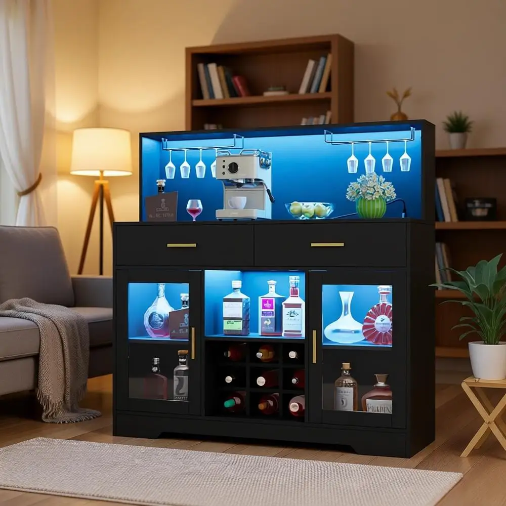 Contemporary Wine & Liquor Cabinet with LED Lighting, Power Outlet, and Glass Storage for Living or Dining Spaces