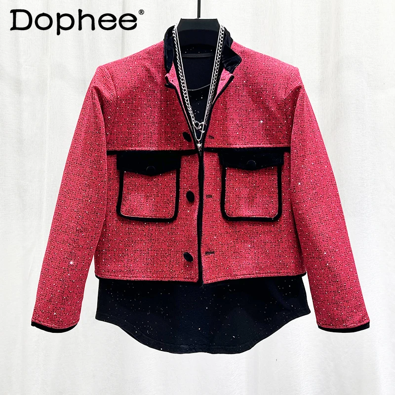 

2024 Autumn Fashion Jackets Full Body Hot Diamonds Red Small Fragrant Coats Men's Personality Trendy Long-sleeve Short Jackets