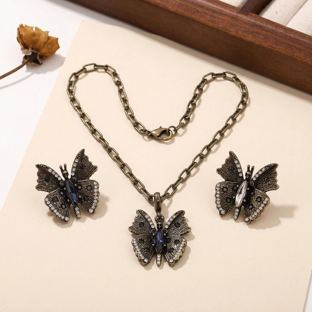 Y2K Gothic Skull Butterfly Jewelry Set Antique Bronze Dark Crystal Pendant Necklace Stud Earrings Women Party Gift