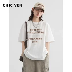 CHIC VEN Women T-Shirts Loose Casual Cotton Fuzziness Letter Printed T-shirt  Female Short Sleeved Top Summer 2024