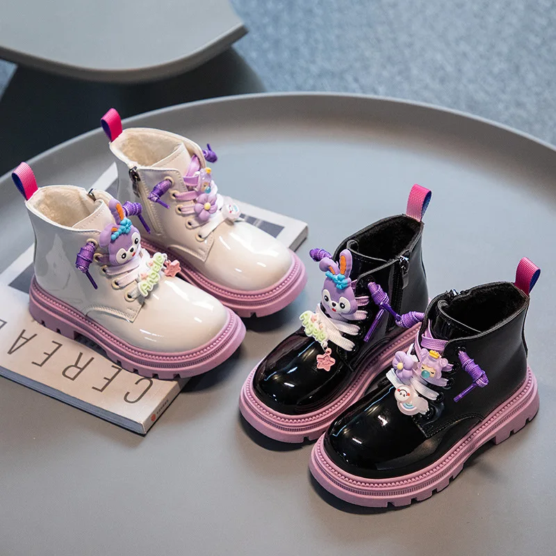 Fashion Children Shoes Girls Boots Cartoon Kids Casual Sneaker Black Pink Leather Tennis Cute Boots for Girl Free Shipping