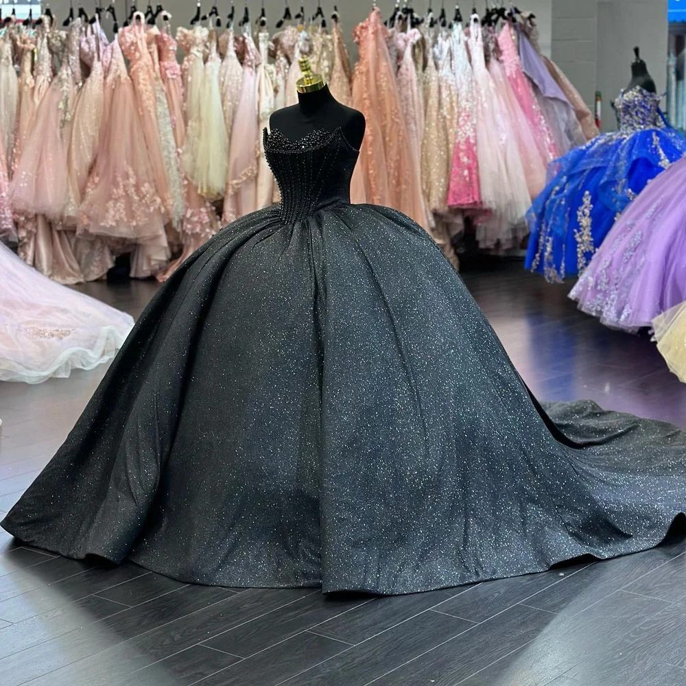 Schwarze Quince nrea Kleider elegante Schatz Perlen Ballkleid Ballkleid funkelnd süß 15 16 Prinzessin Geburtstags feier Kleid