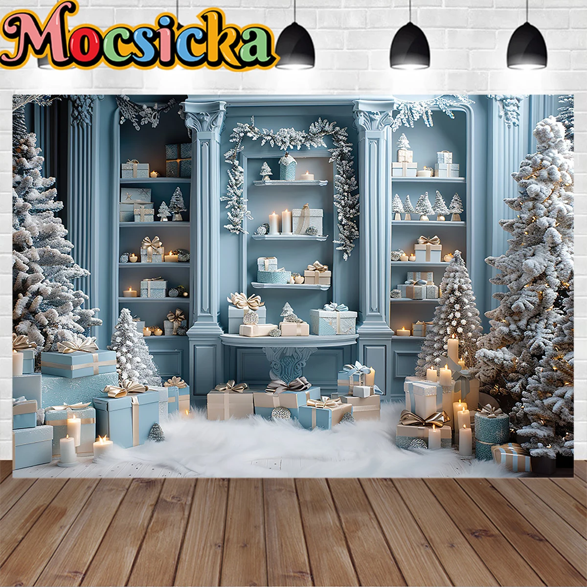 Blue Christmas Gift Room Background Photography for Baby Show Xmas Tree Candle Backdrop Booth Winter Family Kids Photo Studio