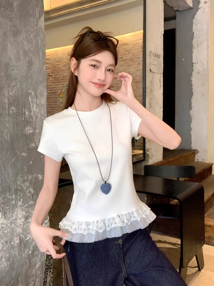 Lace Hem Short Sleeve White T-Shirt Women's Summer New Style Slimming Base Layer Top Korean Style Commute Lace Detailing