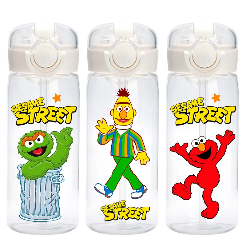 Sesame Street 400\600ml Transparent Plastic Straw Water Cup Portable Outdoor Sports Childrens Drinking Water Bottle Gifts