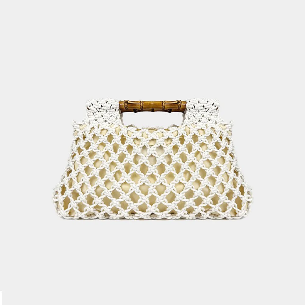 

2025 New Hollow Out Crochet Straw Woven Bag for Women Cotton Thread Mesh Handbag Bamboo Handle Small Purses