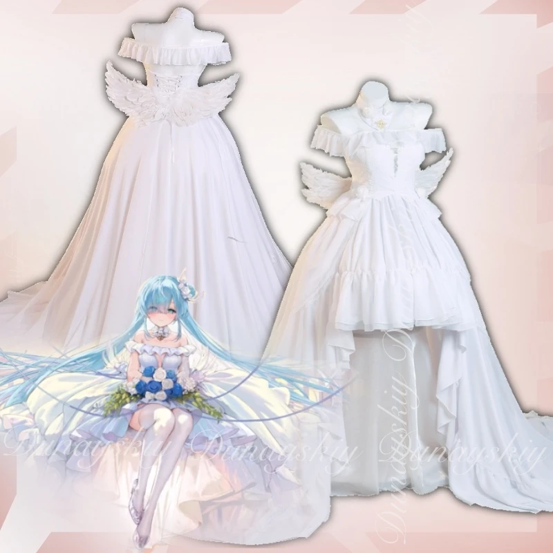 Azur Lane Game HMS Janus Cosplay J-level Destroyer With Blue Side Flower Bud Wig With White Long Dress Cosplay disfraz All Set