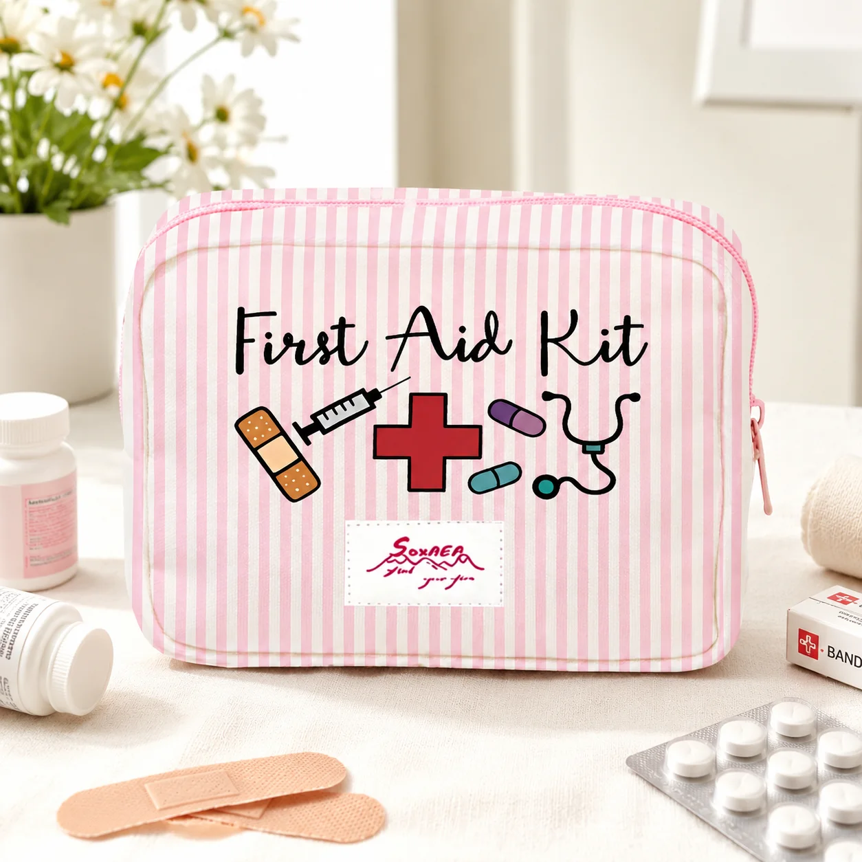 First Aid Kit Pink Striped Portable Medical Bag Emergency Medicine Organizer for Home Travel Car Outdoor Daily Essentials