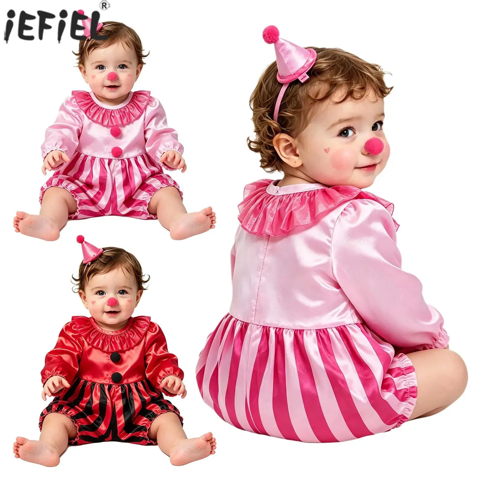 Baby Boys Girls Halloween Clown Costume Ruffled Collar Long Sleeve Pom-pom Striped Romper Carnival Party Cute Joker Jumpsuit