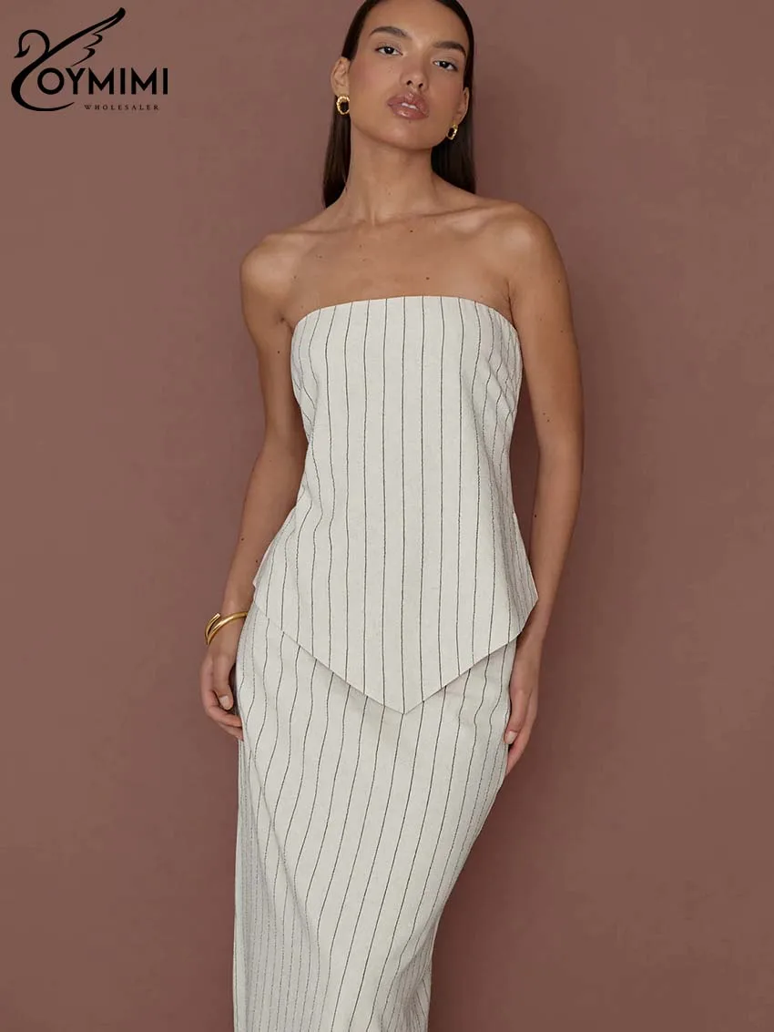 Oymimi Fashion Apricot Striped Women 2 Piece Set Outfit Elegant Strapless Open Back Tops And Straight Floor-Length Skirts Sets