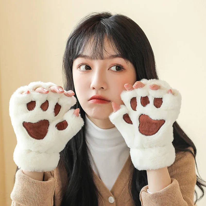 

1 Pairs Women's Gloves Winter Cute Bear Paw Sweet Kawaii Plush Thickened Warm Soft High-quality Half Finger Mittens For Ggirl
