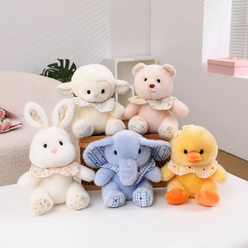 Rabbit Sheep Plush Doll Styles 20cm Bib Wearing Stuffed Animals with Floral Gingham Pattern Mix for Sofa Accent Collection