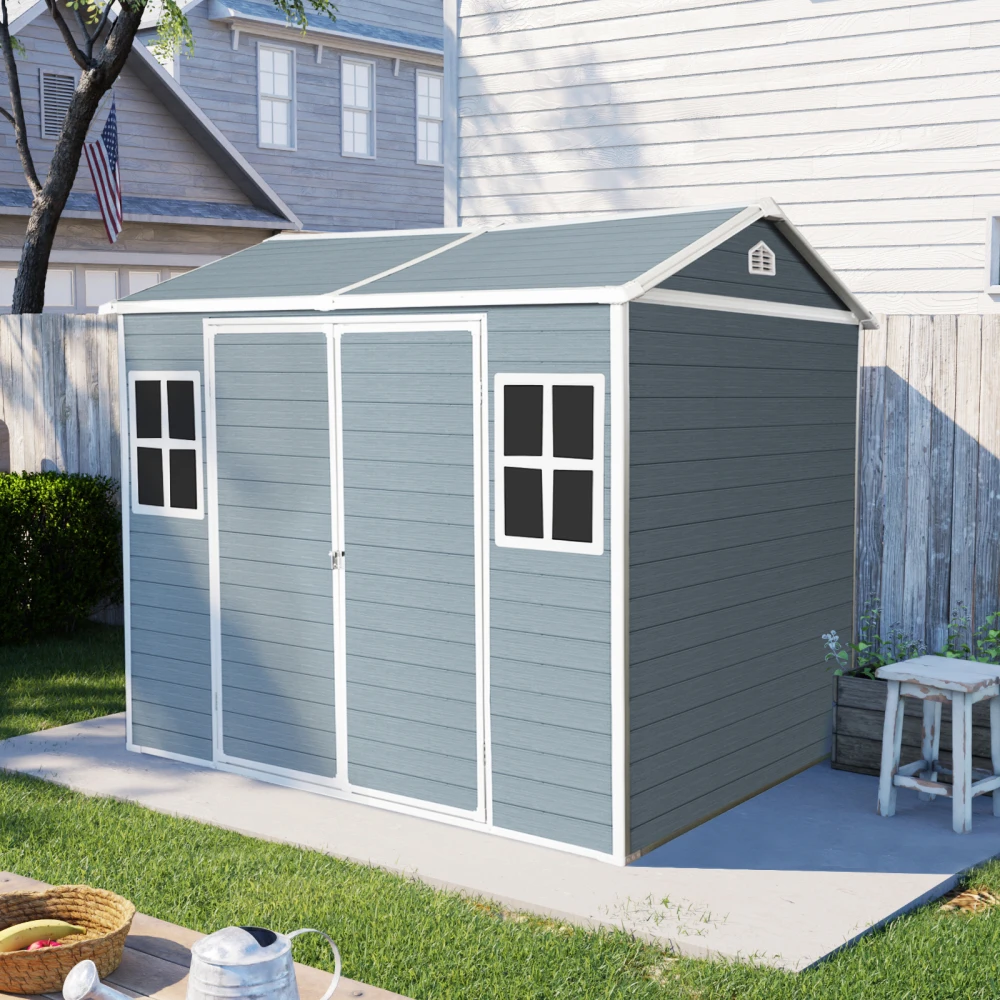 8 x 6 ft Resin Outdoor Storage Shed Waterproof Shed with Floor & Two Windows & Lockable Door, Tool Shed for Garden, Patio