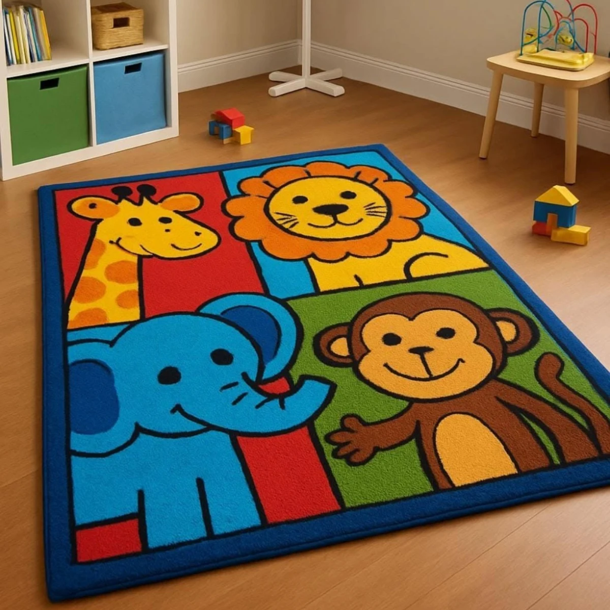 Living Room Rug Classic Four Quadrant Color Block Printed Large Rectangular Carpet Giraffe Lion for Apartment Playroom Floor