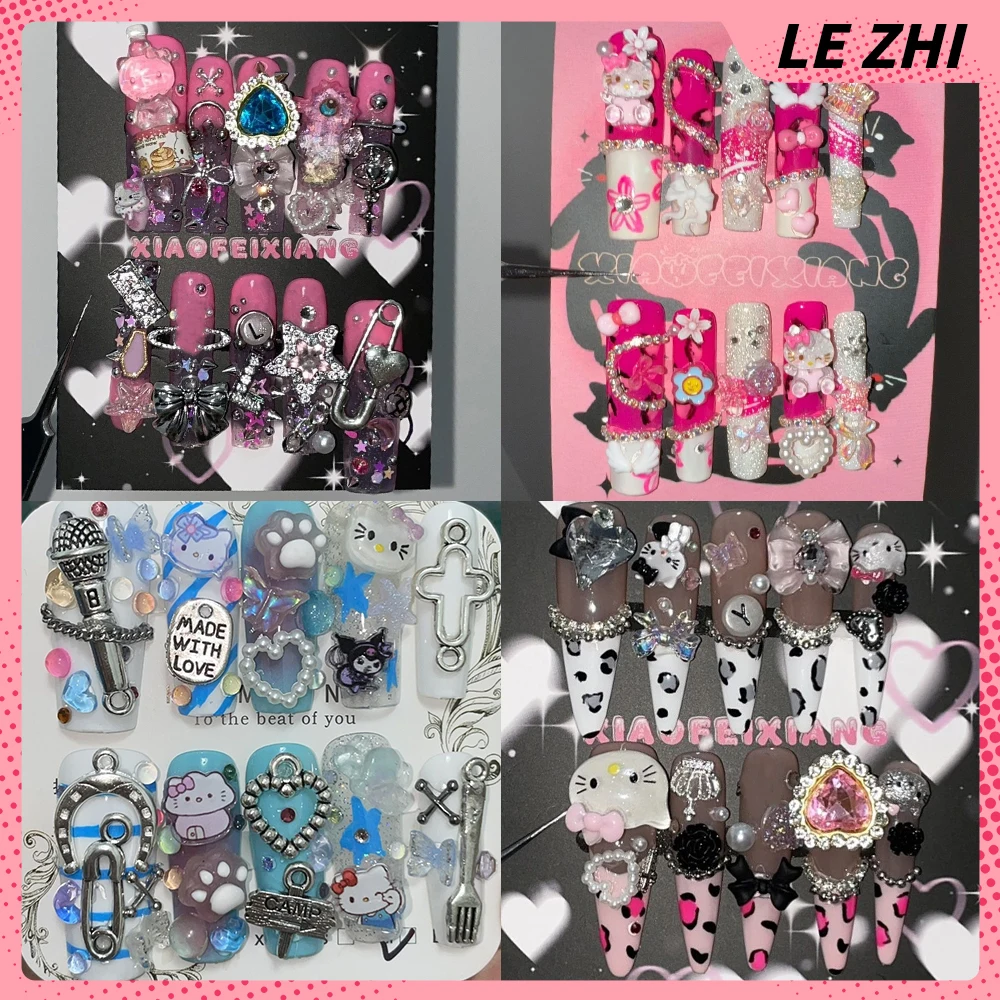 

Y2K Spice Girl Sanrio Hello Kitty Long Coffin Handmade Fake Nails Heavy Metal Leopard Print Diamond Pearl Reusable False Nail