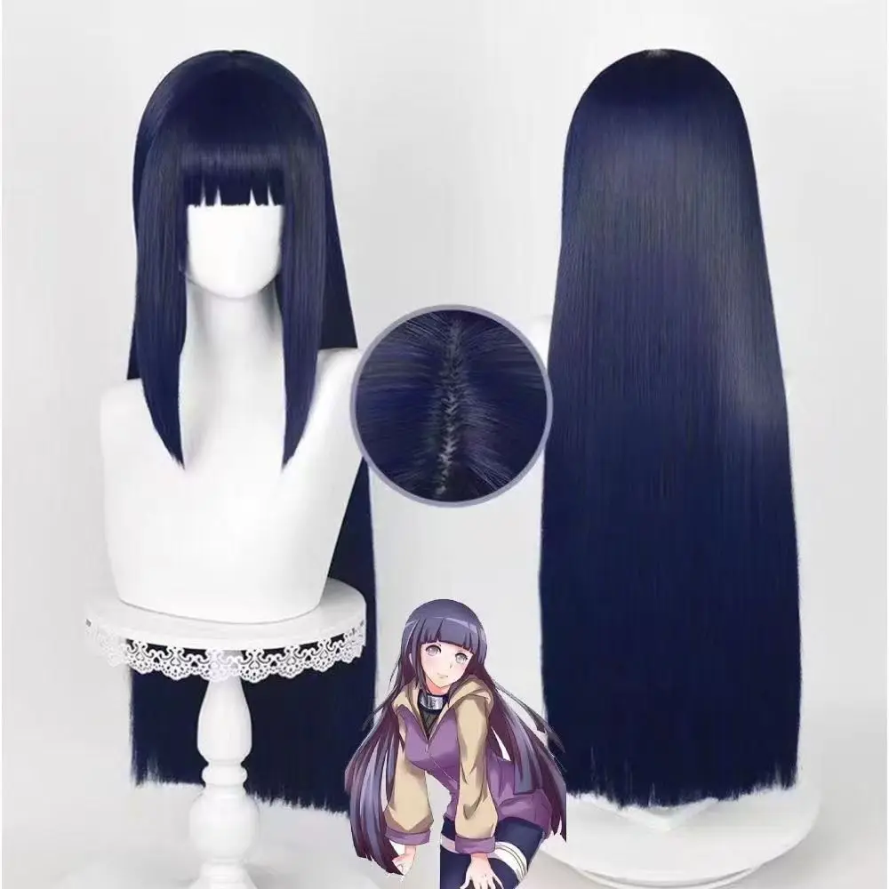 Hyuga Hinata Cosplay Wig Dark Blue Long Straight Hair Blunt Bangs Synthetic Anime Costume Wigs For Halloween Party Cosplay