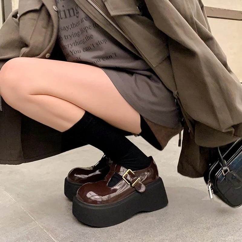 

Women's new leather cowhide thick sole waterproof platform high heels metal belt buckle college style single shoes casual shoes