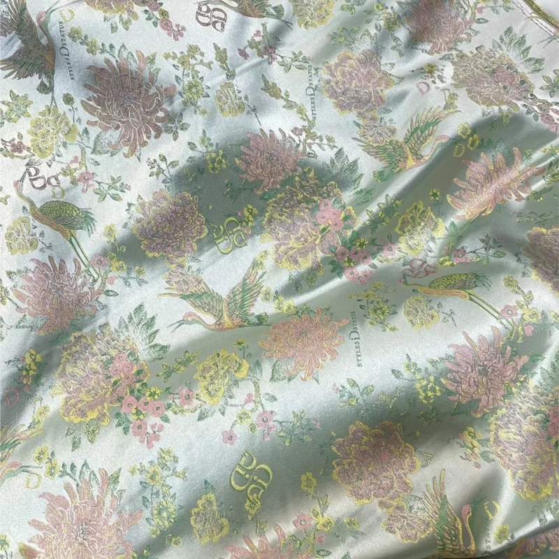 Green Pink Crane Brocade Jacquard Fabric Width 1.36 M Weight 300G