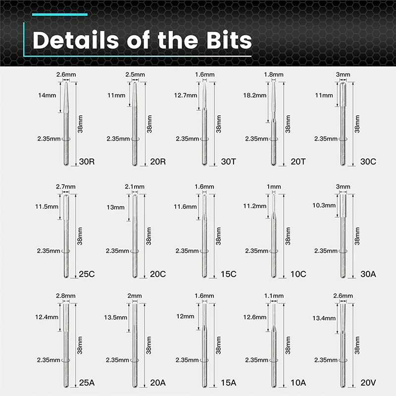 Engraving Bits 30Pcs for ARROWMAX SGS Series (2.35mm) Shank Rotary Tools Accessories for DIY Woodworking Carving