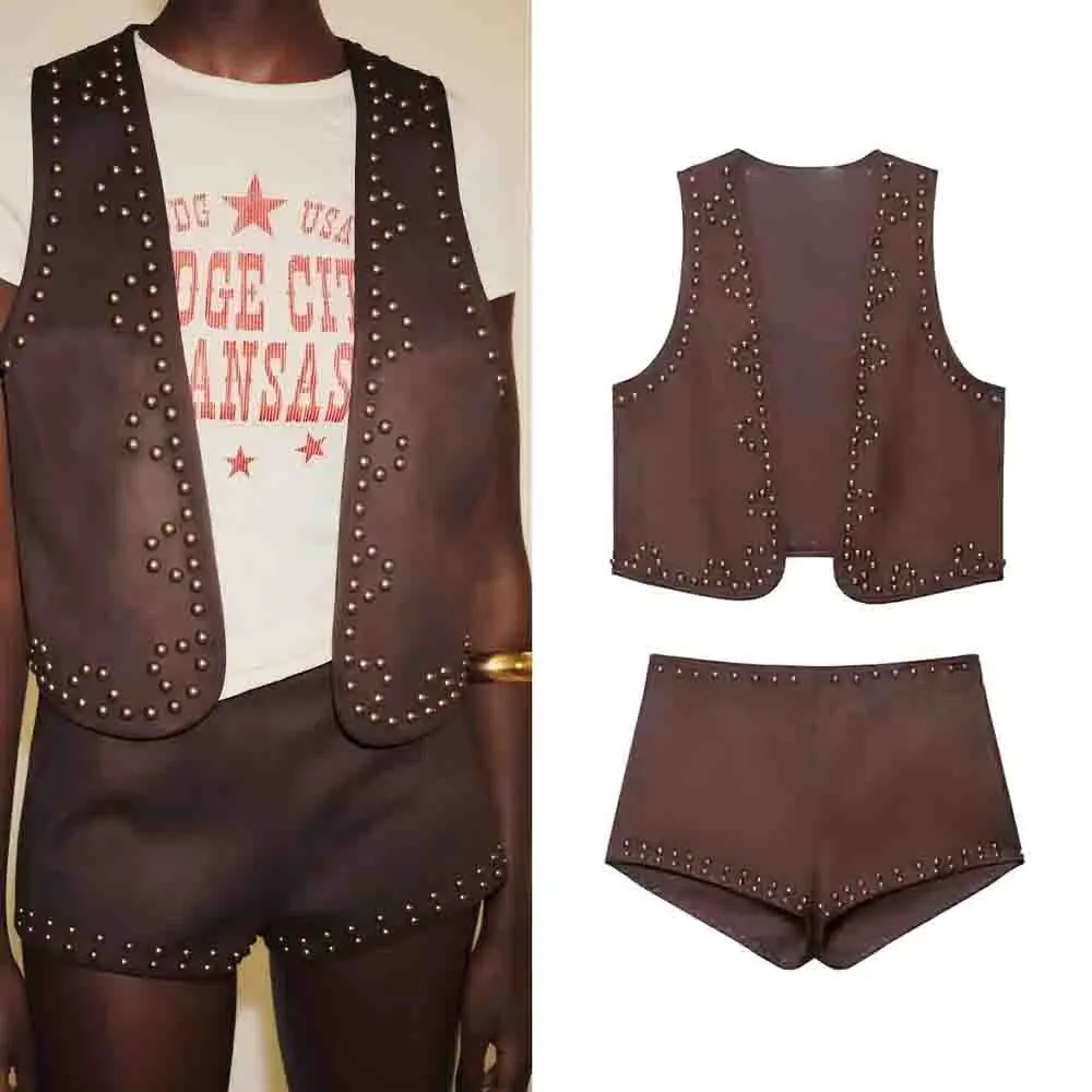 

Women's 2025 new fashion rivet decoration suede effect Open vest retro sleeveless women's vest chic top+Shorts suit