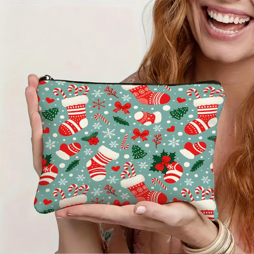 Christmas Stocking Candy Cane Print Canvas Cosmetic Bag Xmas Tree Holly Snowflake Pattern Zipper Pouch Makeup Storage Organizer