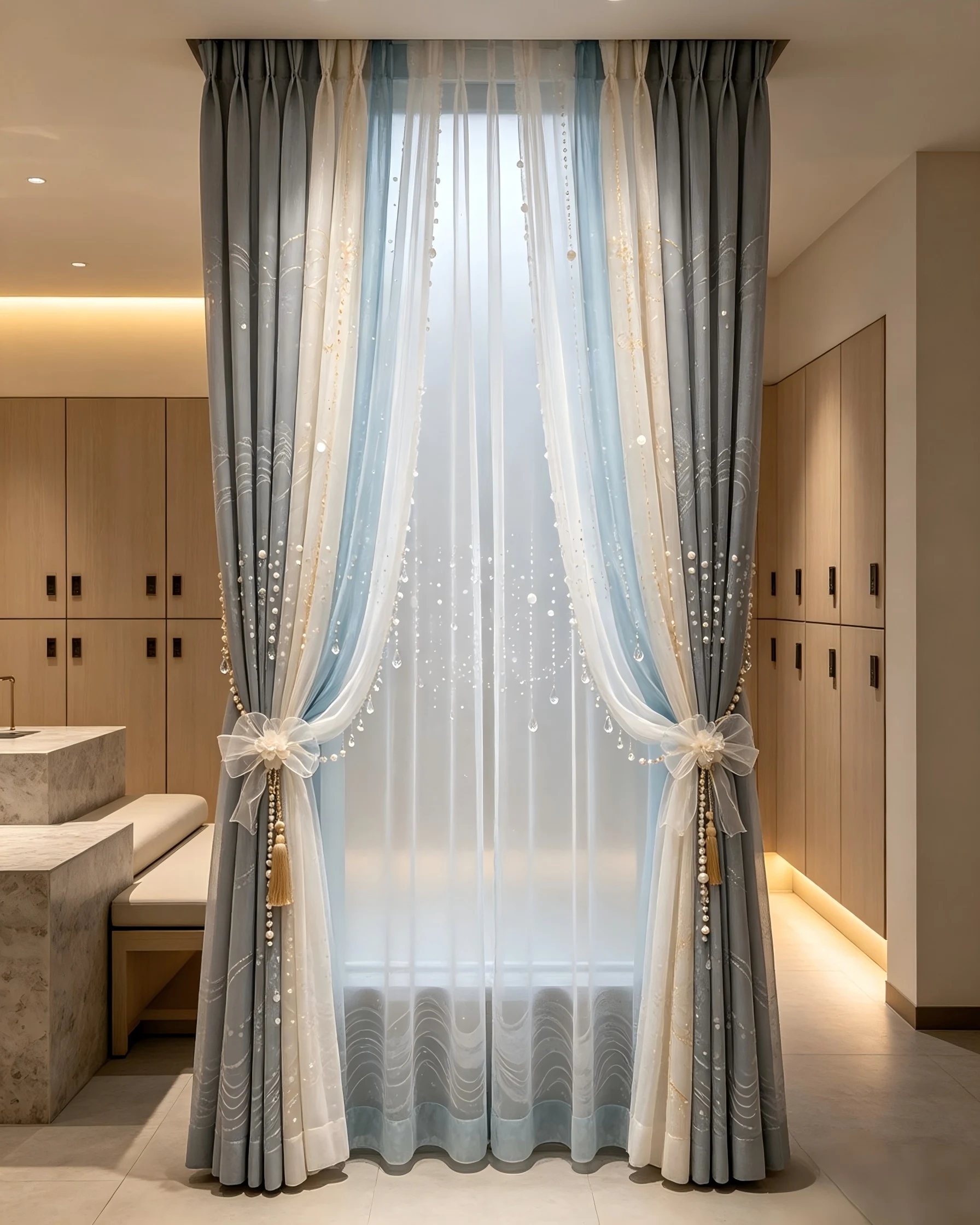 200435  Mist grey x pearl white waterproof soft gauze curtain