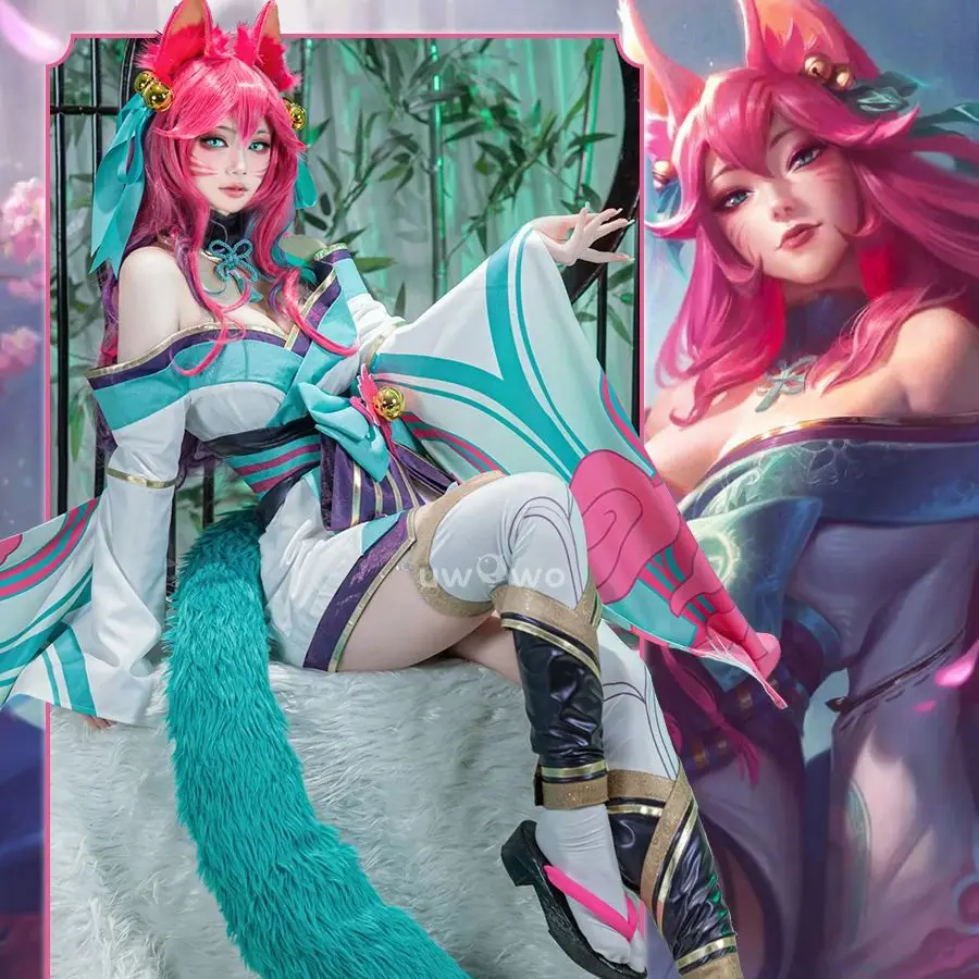 

Game L-O-L Ahri Cos Outfits Sexy Nine-Tailed Spirit Blossom Ahri Cosplay Costume Halloween Fox Tails For Women Uniform Dress