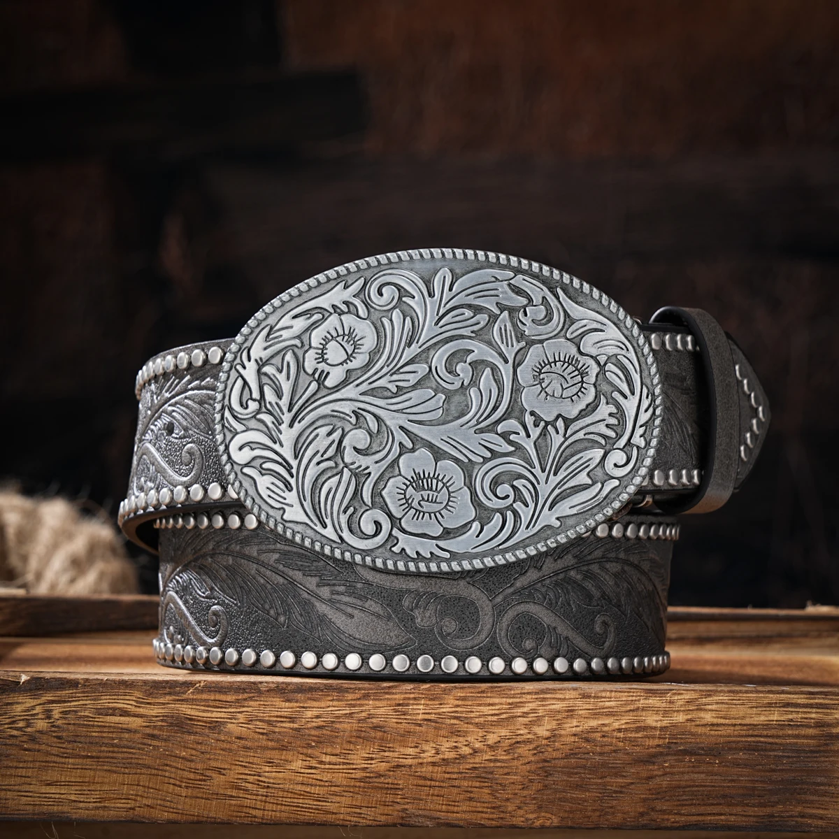 Men & Women-Western-Cowboy-PU Leather-Belts - Vintage Horse Belt Floral Engraved Buckle Belt for Jeans