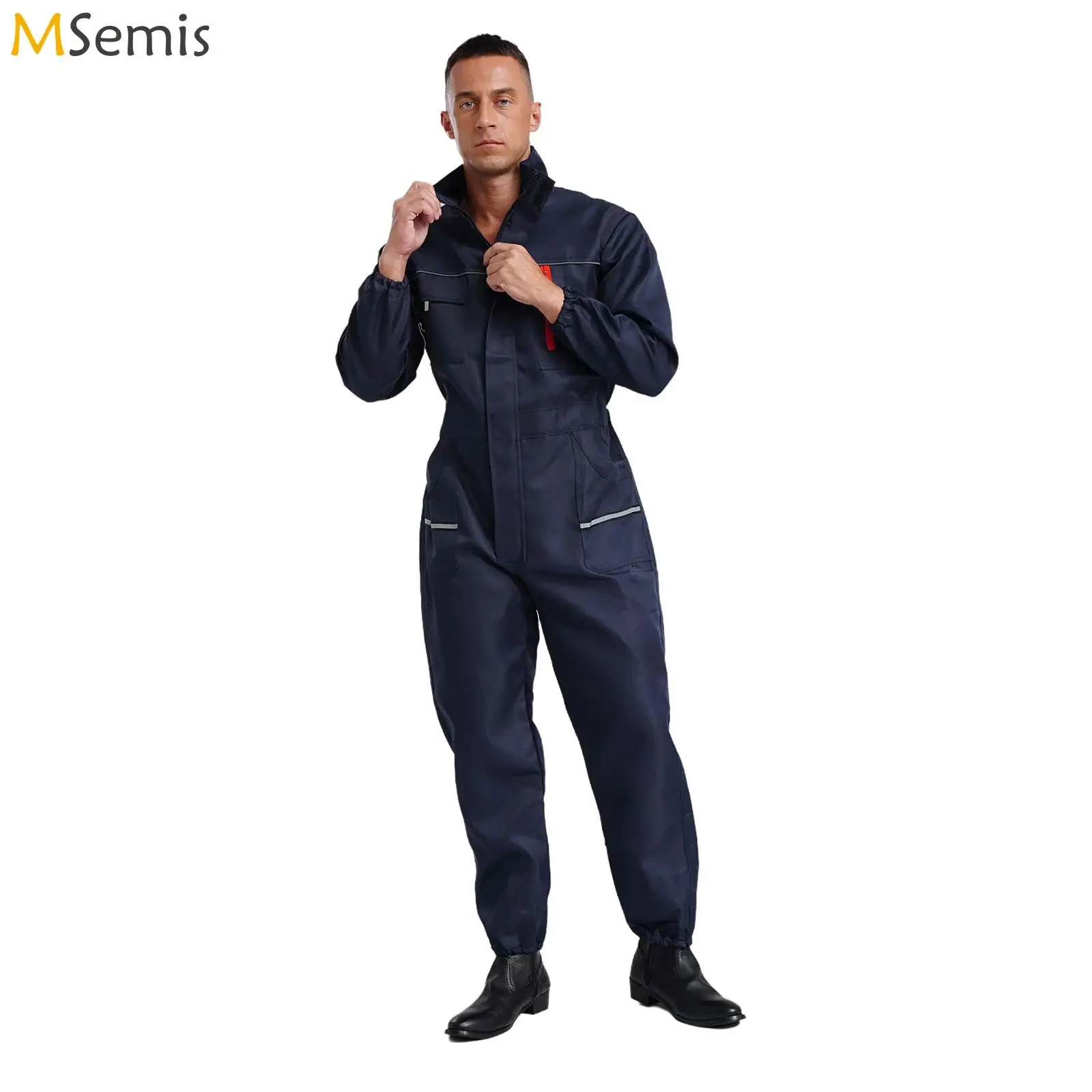 Mens Adults Overall Jumpsuit Resistant Coveralls Stand Collar Long Sleeve Multi-pockets Reflective Stripes Factory Work Uniforms