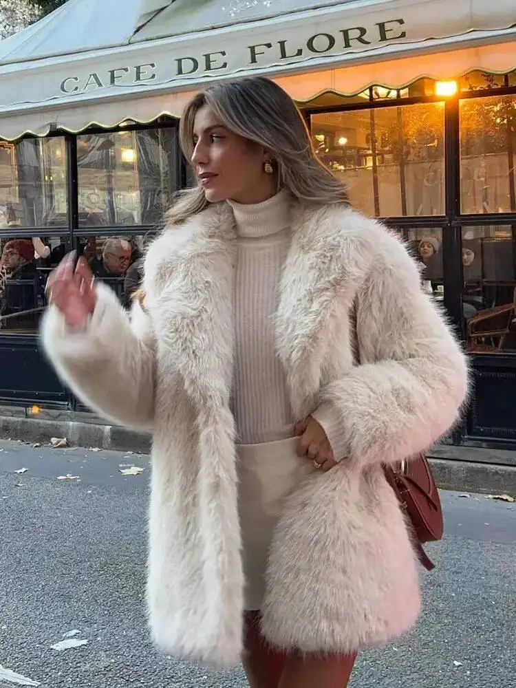 

2025 Winter Female Street Fashion Coats Long Sleeves Lapel Solid Color With Pockets Causal Warm Fur Windbreaker